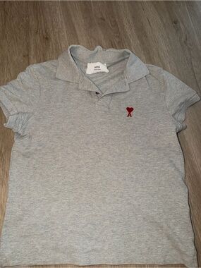 Ami Paris Light Grey Polo with Red Heart Patch